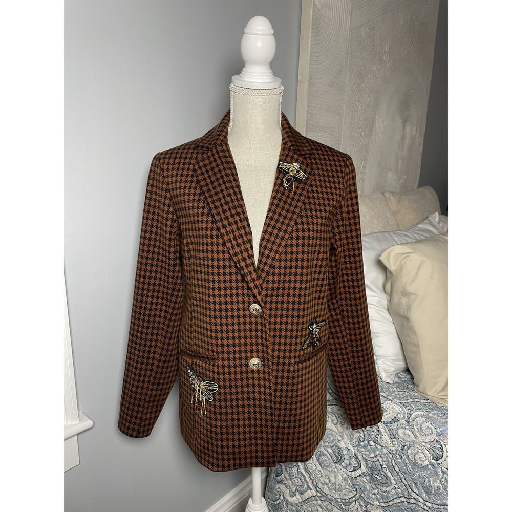 Susan Graver Printed Ponte Embellished Blazer Brown Rust Black Bees XXS